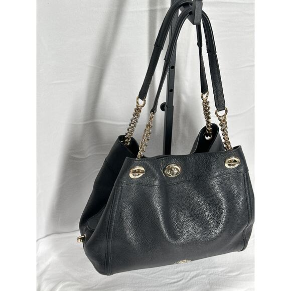 COACH Original Pebbled Turnlock Chain 3 Compartment Tote Shoulder Bag Black/Gld - Picture 3 of 16